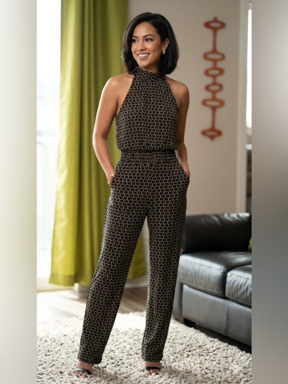 Sleeveless Halter Printed Jumpsuit in Black & Tan